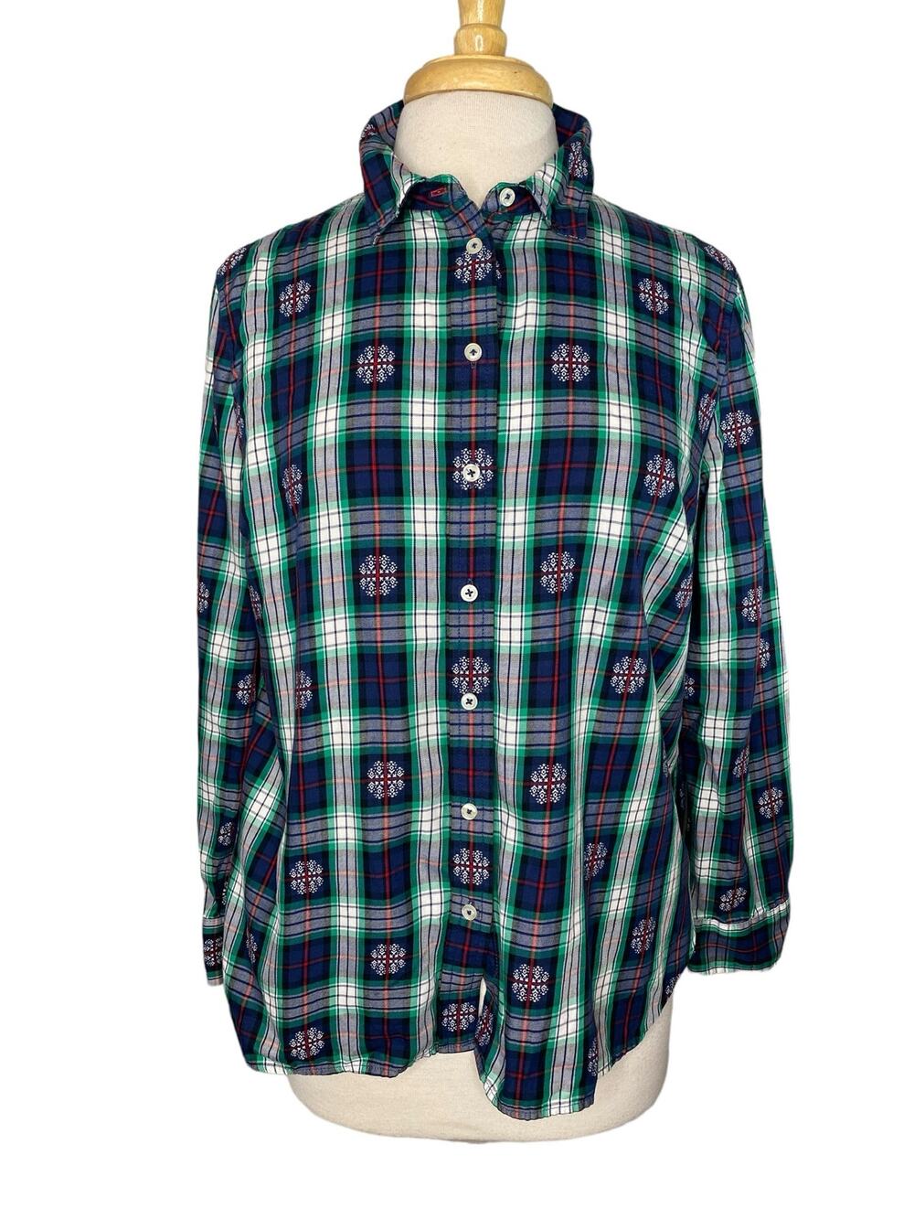 TALBOTS Winter Snowflake Plaid Button Up Cotton Shirt Large Petite Blue Green